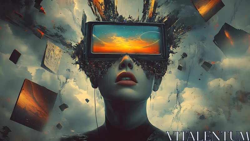 Woman wearing screen headset shows exploding digital skyscape