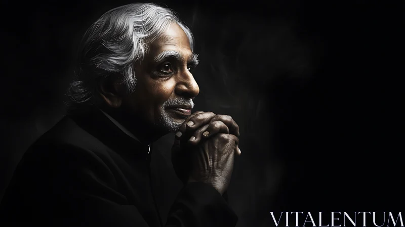 Gentle elder in quiet reflection against a soft dark glow.