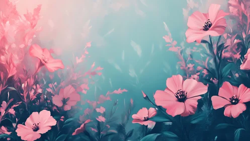Blossom Reverie: Pink Florals Dancing Through Turquoise Mist.