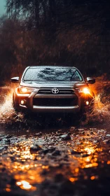 Rain-charged SUV surges through molten amber puddles at dusk.