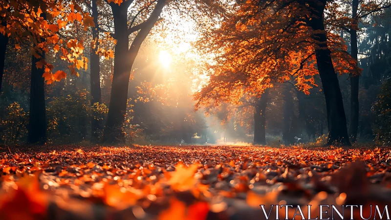 Golden Autumn Forest Path Illuminated by Sunrise