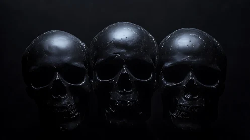 Triadic black skull study with low‑key chiaroscuro lighting.