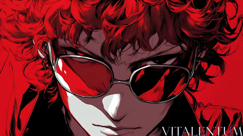 Red monochrome anime portrait with reflective sunglasses glare