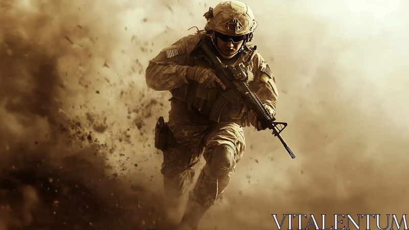 Soldier running through dense battlefield dust cloud.