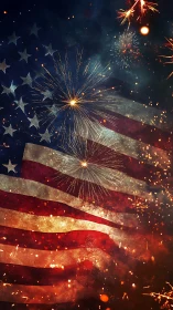 American flag layered with bright fireworks celebration scene.