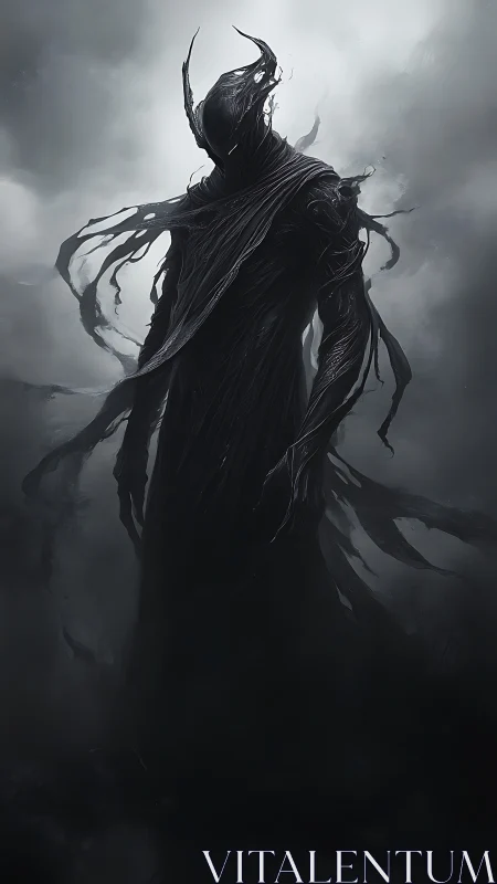 Shadow entity in tattered biomorphic armor emerges from dense fog