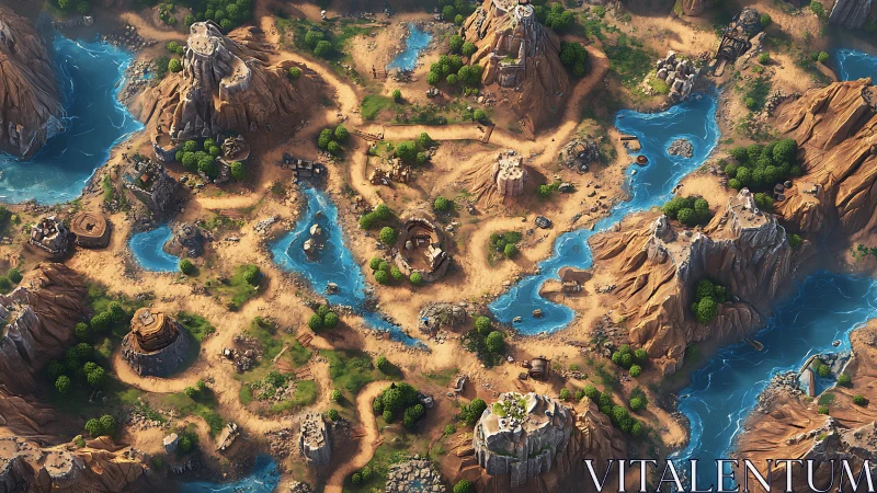 Isometric desert canyon strategy map with rivers and ruins