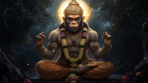 Radiant monkey sage in deep forest meditation at night.