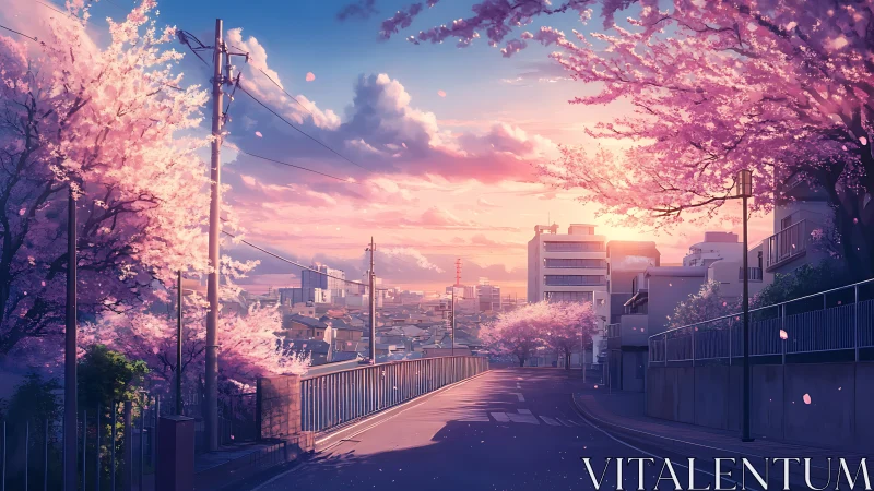 Anime twilight street with cherry blossoms in linear perspective.