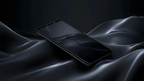 Sleek modern smartphone on glossy black silk, minimalist style.