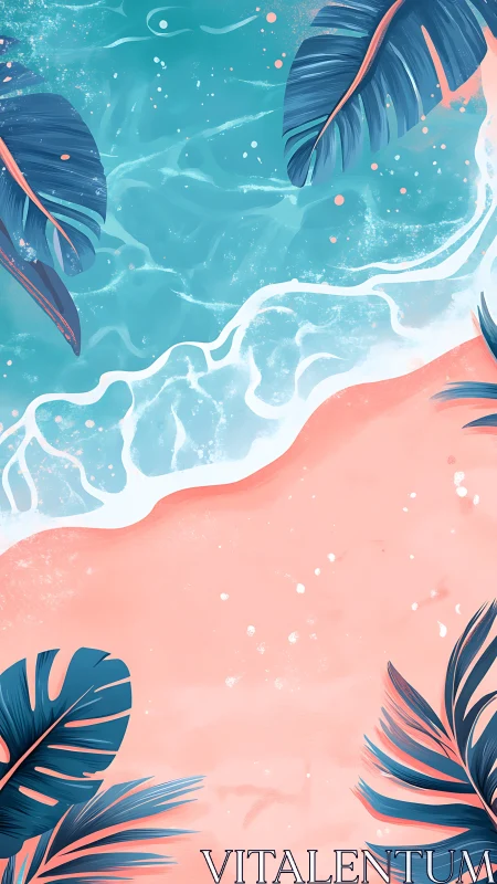 Digital beach abstraction with teal surf and coral shore.