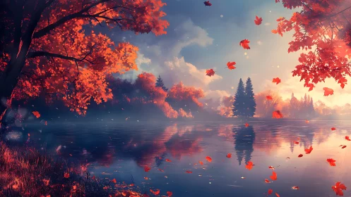 Gentle autumn lake with drifting leaves and glowing trees.