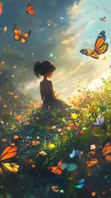 Girl pausing in a sunlit storm of butterflies and wildflowers.