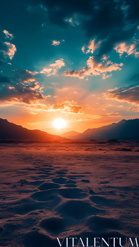 Vivid desert sunset over distant mountain silhouettes.