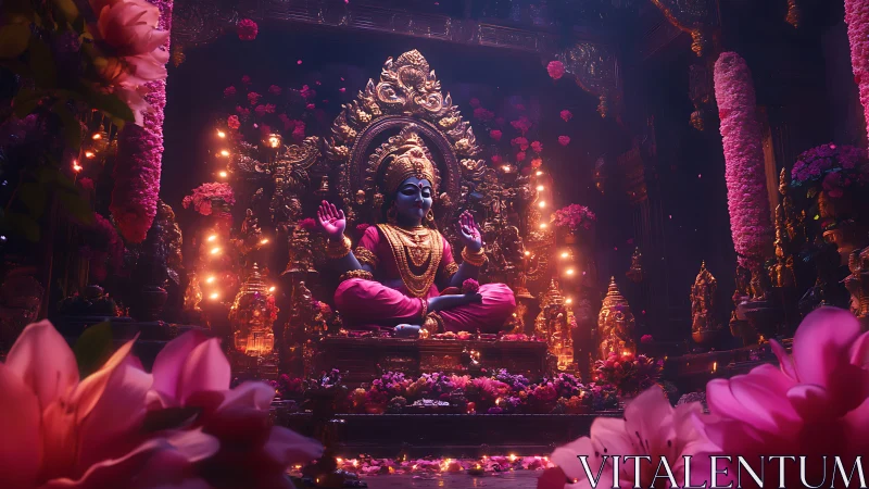 Divine goddess idol glows amid pink floral temple lights.