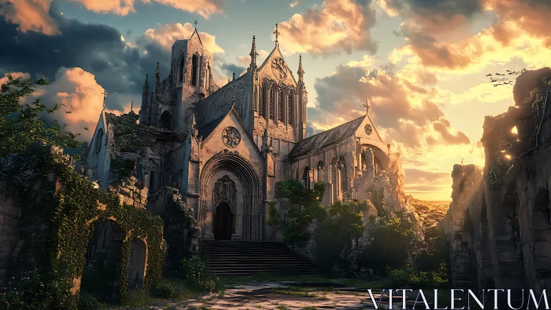 Gothic cathedral ruins under cinematic sunset illumination.