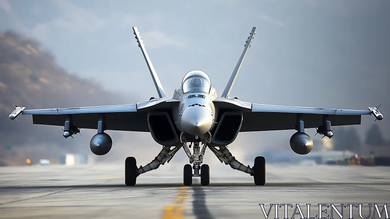 Runway predator jet poised for thunder over misty ranges.