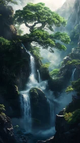 Lush tree spans rocky gorge above multi-tier waterfalls