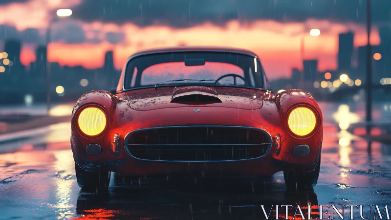 Rain-soaked crimson classic idling under a molten sunset.