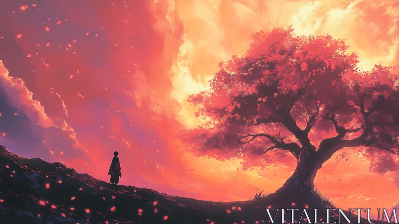 Lone wanderer beneath a blazing dawn-bloomed dreamtree.