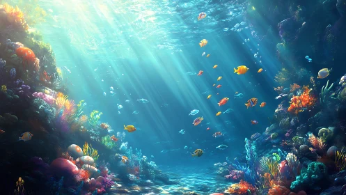 Sunlit coral reef teems with colorful tropical fish in motion.