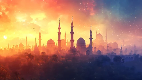 Dreamlit desert skyline where glowing towers greet dusk.