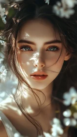 Photorealistic portrait of young woman amid soft blossom bokeh