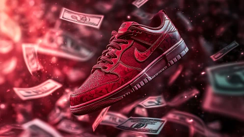 Red sneaker floats through neon cash storm, glossy details.