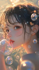 Bubble-kissed daydreamer gazes through sunlit shimmer worlds.