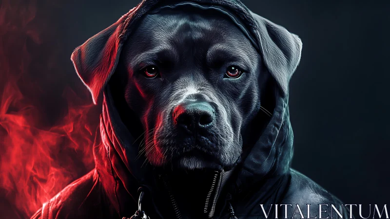 Streetwise ember hound in a hooded noir glow portrait.