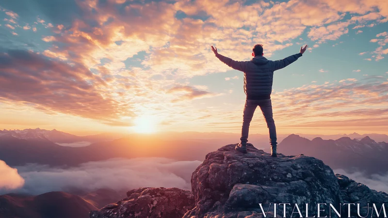 Hiker celebrates sunrise on mountain summit above cloud sea.