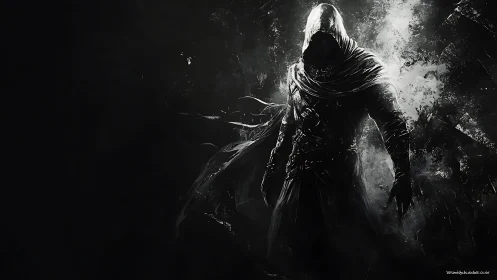 Hooded assassin silhouette rendered in high-contrast monochrome splatter