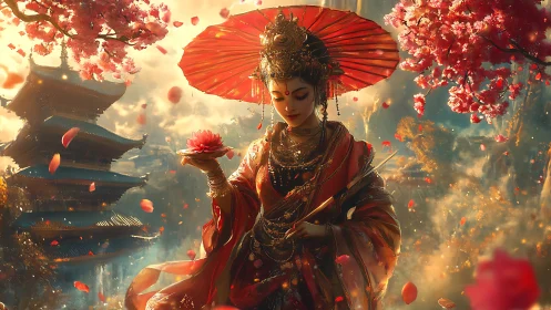 Oriental figure under red parasol amid blossoms and pagoda.