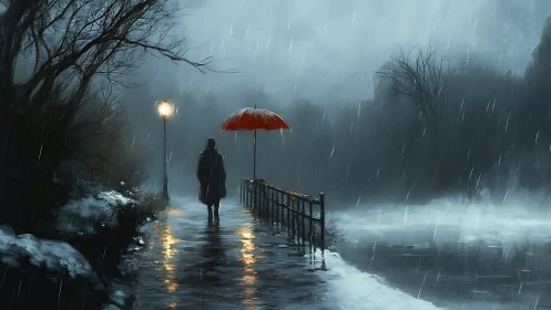 Solitary figure with red umbrella on misty riverside path.