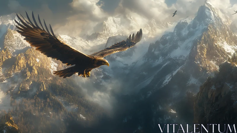 Majestic eagle soaring over dramatic snowy mountain landscape.