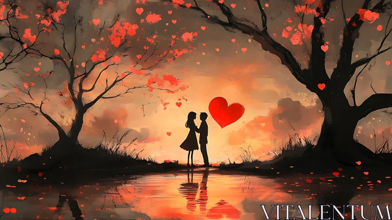 Silhouetted figures positioned near water beneath trees