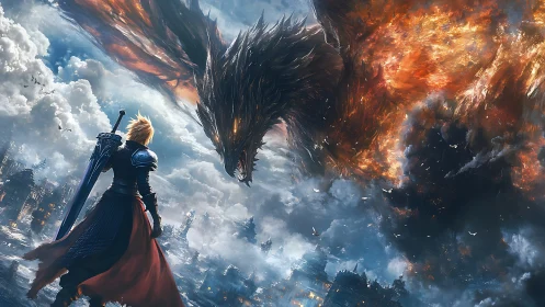 Armored swordsman confronts massive fire-infused dragon over city ruins