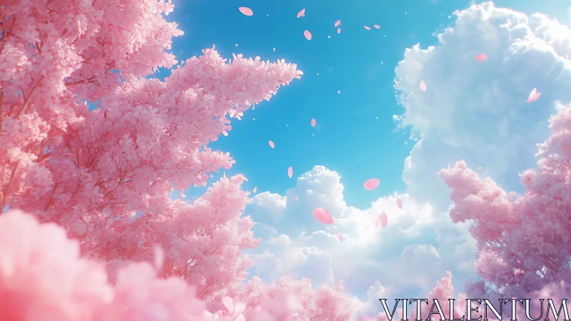 Dreamy pink blossoms swirling beneath a bright spring sky.