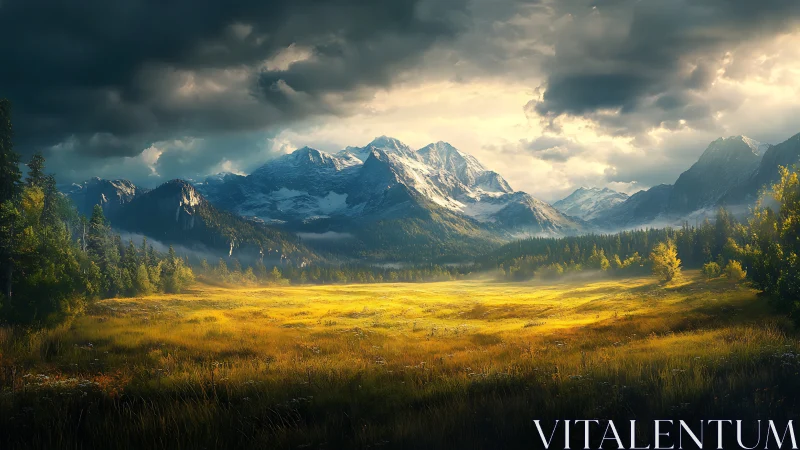 Sunlit mountain valley under dense dramatic storm clouds.