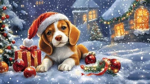Digital painting of Christmas puppy amid festive snowfall.