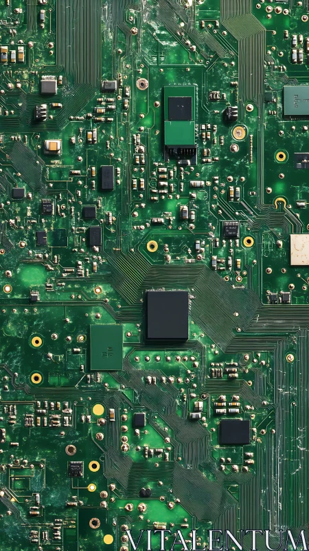 Green printed circuit board shows dense electronic components