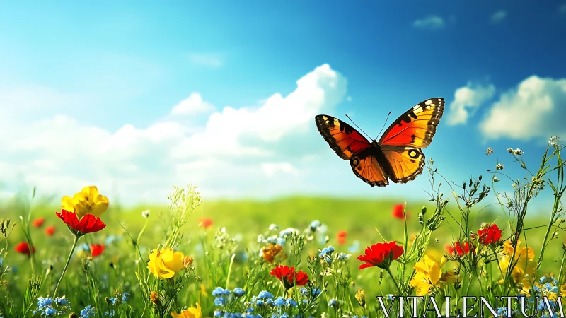 Butterfly moves above mixed wildflowers under daylight sky