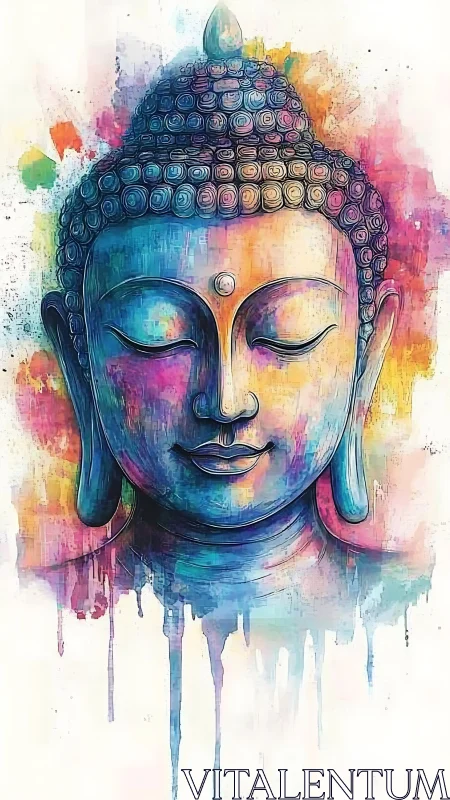 Colored frontal portrait of stylized Buddha head is depicted