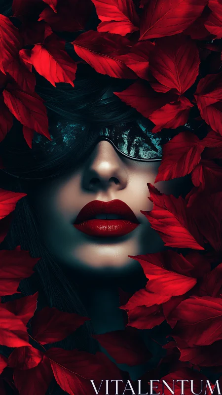 Cyber-noir portrait contrasts crimson foliage with glass visor