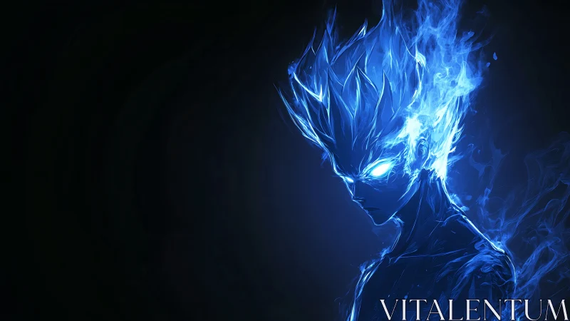 Blue flame warrior emerges from darkness in electric aura.
