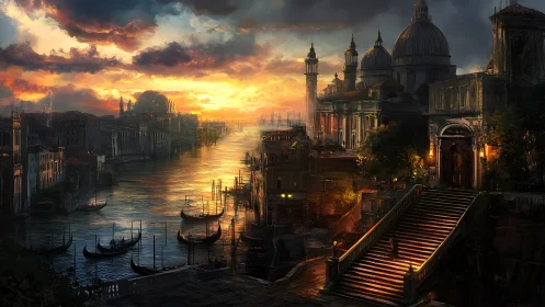 Digital canal cityscape observes domed architecture at dusk