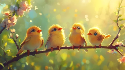 Four Cute Baby Birds on a Branch in Dreamy Spring Light, Digital Art.