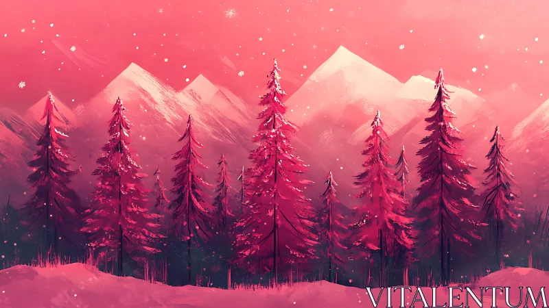 Rosy winter forest beneath candy-colored mountain peaks.