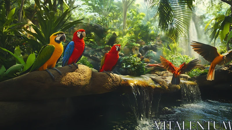 Colorful parrots on rock ledge above small jungle waterfall.