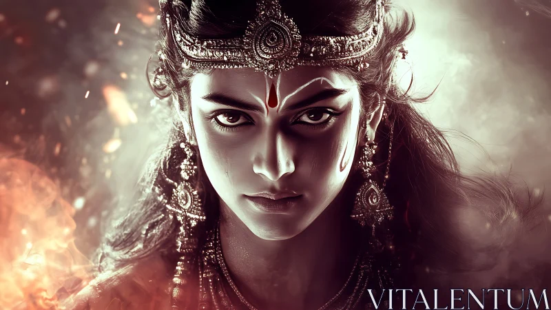 Intense goddess portrait with fiery bokeh, ornate jewelry and harsh rim light